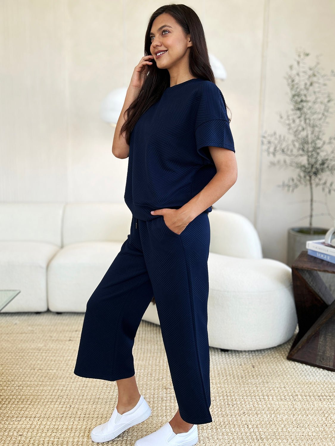 Double Take Full Size Texture Short Sleeve Top and Pants Set - Robbi & Angel