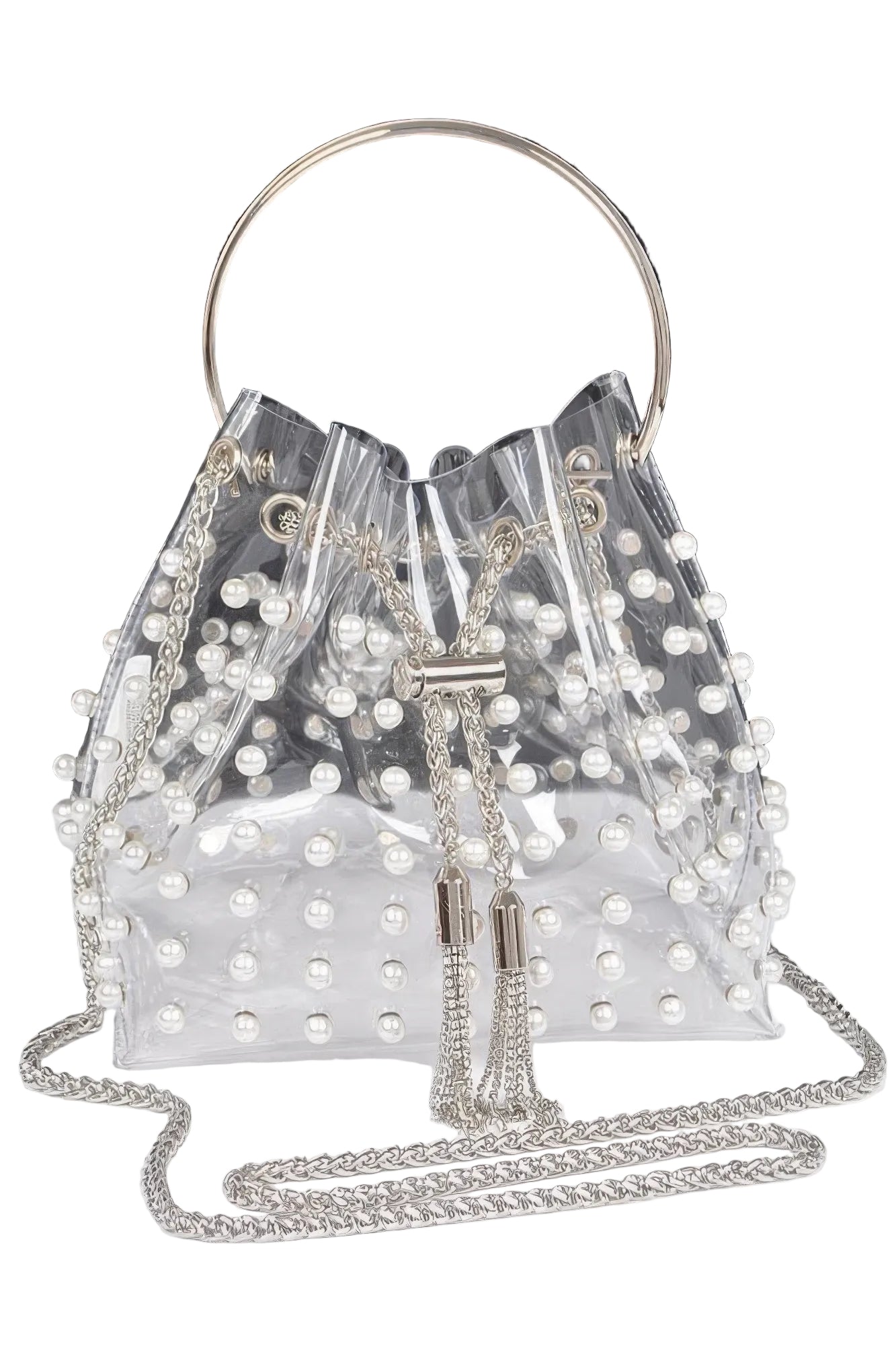 Clara Clear Pearl Stud Bucket Bag W/chain Tassel - Robbi & Angel