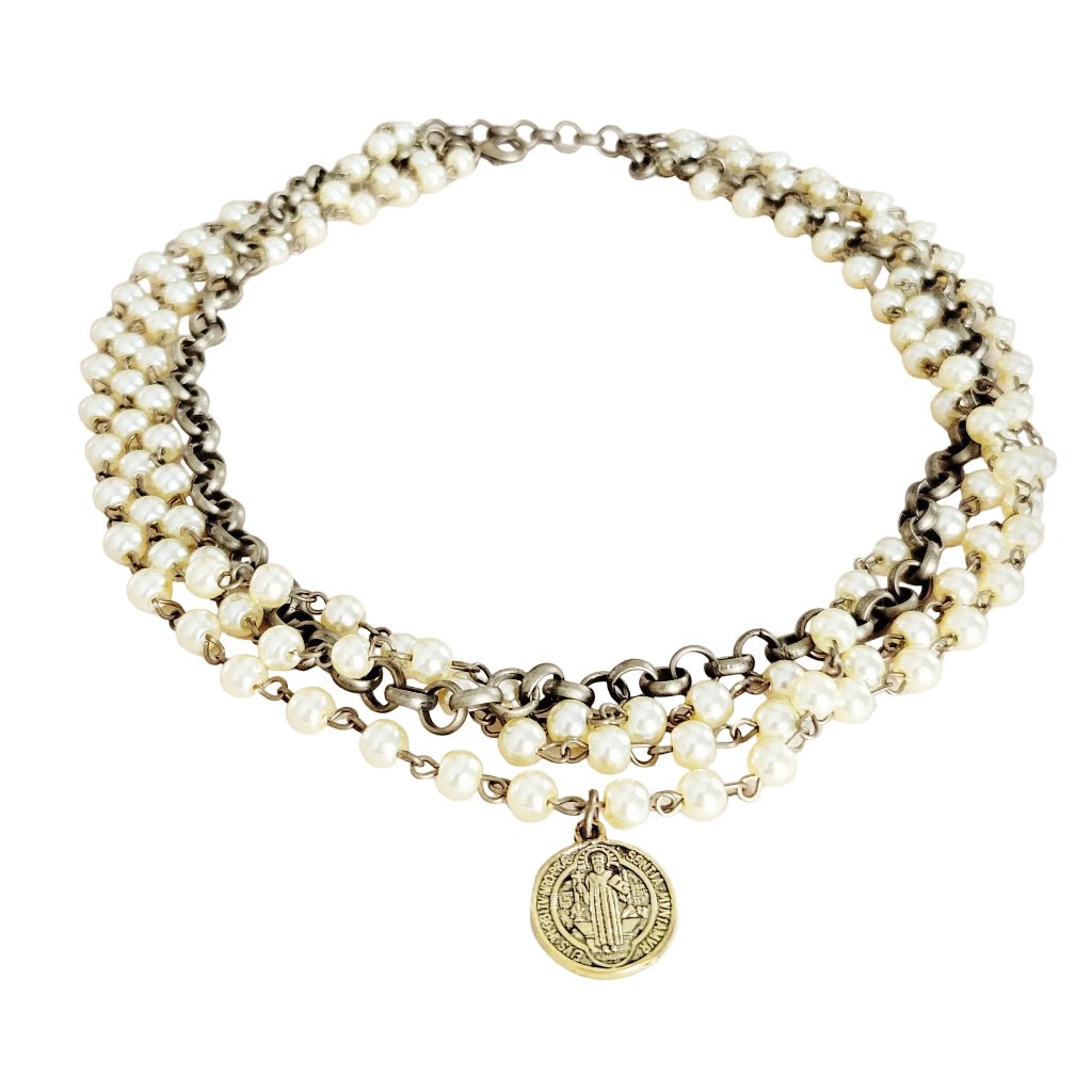 Clarise Champagne Pearl Beaded Collar Necklace w/ Pendant - Robbi & Angel