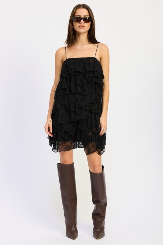 CLASSIC YET TRENDY BLACK LACE RUFFLE TIERED MINI DRESS WITH SPAGHETTI STRAPS - Robbi & Angel