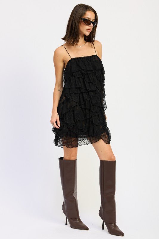 CLASSIC YET TRENDY BLACK LACE RUFFLE TIERED MINI DRESS WITH SPAGHETTI STRAPS - Robbi & Angel