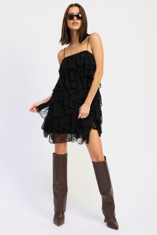 CLASSIC YET TRENDY BLACK LACE RUFFLE TIERED MINI DRESS WITH SPAGHETTI STRAPS - Robbi & Angel