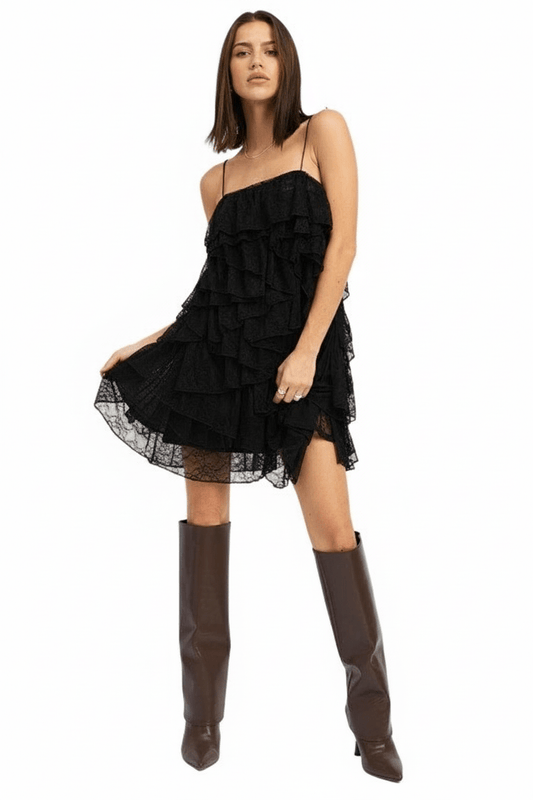 CLASSIC YET TRENDY BLACK LACE RUFFLE TIERED MINI DRESS WITH SPAGHETTI STRAPS - Robbi & Angel