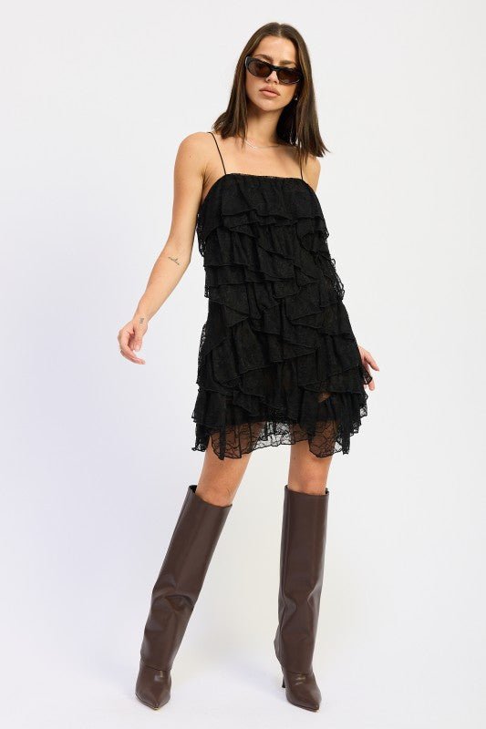 CLASSIC YET TRENDY BLACK LACE RUFFLE TIERED MINI DRESS WITH SPAGHETTI STRAPS - Robbi & Angel