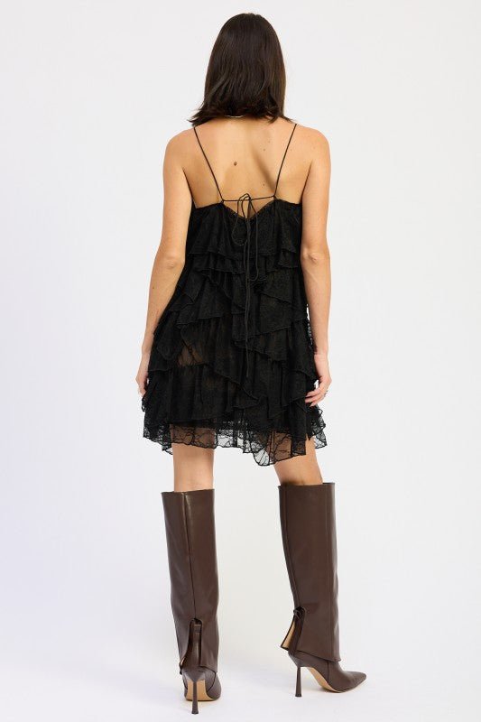 CLASSIC YET TRENDY BLACK LACE RUFFLE TIERED MINI DRESS WITH SPAGHETTI STRAPS - Robbi & Angel