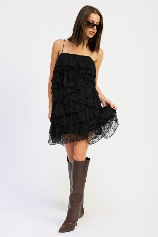 CLASSIC YET TRENDY BLACK LACE RUFFLE TIERED MINI DRESS WITH SPAGHETTI STRAPS - Robbi & Angel