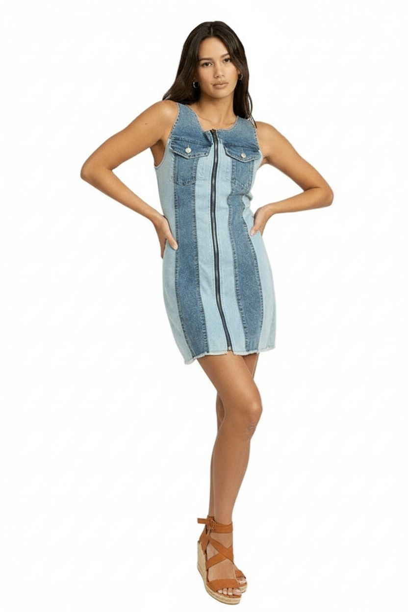COLOR BLOCK DENIM MINI DRESS - Robbi & Angel