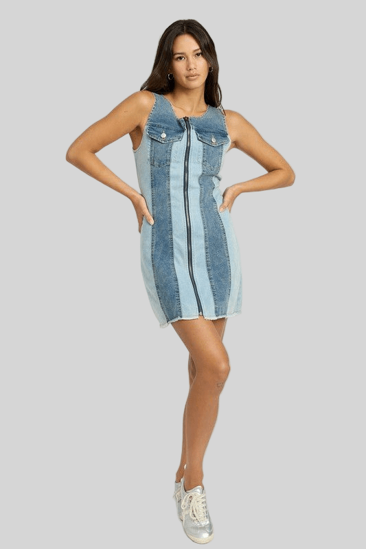 COLOR BLOCK DENIM MINI DRESS - Robbi & Angel