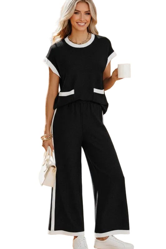 Colorblock Pocket Shirt & Wide Leg Pants Set - Robbi & Angel
