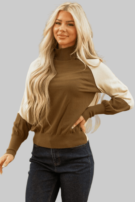 Colorblock Raglan Puff Long Sleeve Mock Neck Sweater - Robbi & Angel