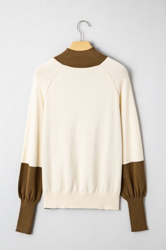 Colorblock Raglan Puff Long Sleeve Mock Neck Sweater - Robbi & Angel