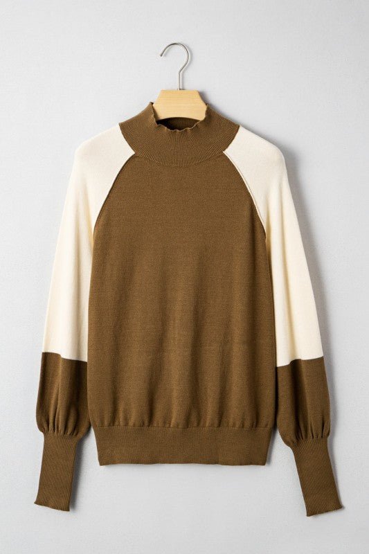Colorblock Raglan Puff Long Sleeve Mock Neck Sweater - Robbi & Angel