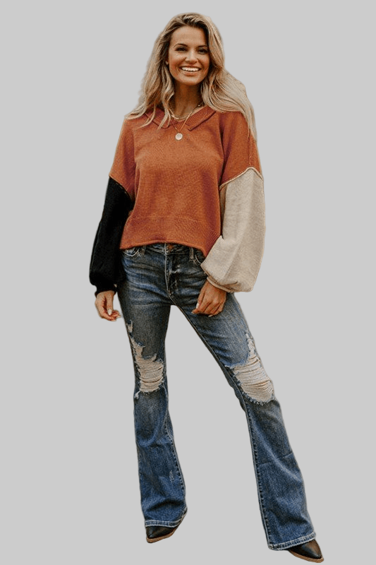 Colorblock Raw Edge Bubble Sleeve V - Neck Sweater - Robbi & Angel