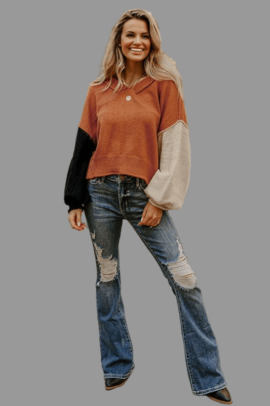 Colorblock Raw Edge Bubble Sleeve V - Neck Sweater - Robbi & Angel