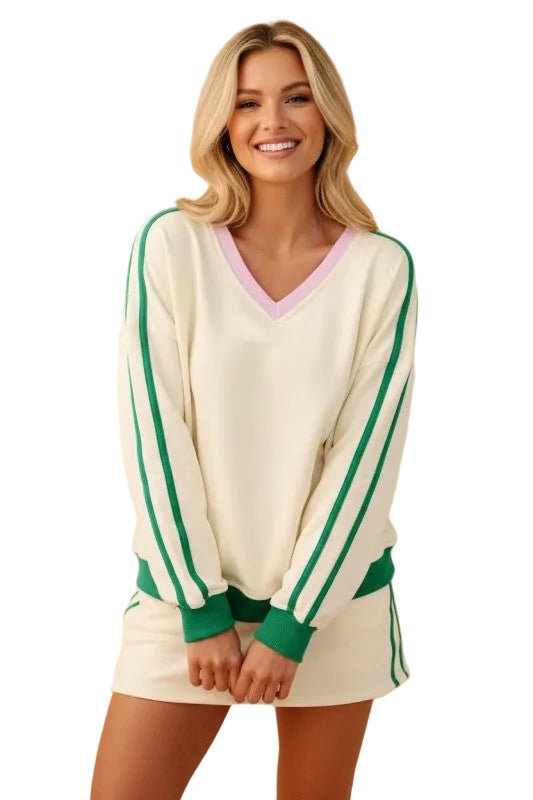 Colorblock Ribbed V - Neck & Skort Athleisure Set - Robbi & Angel