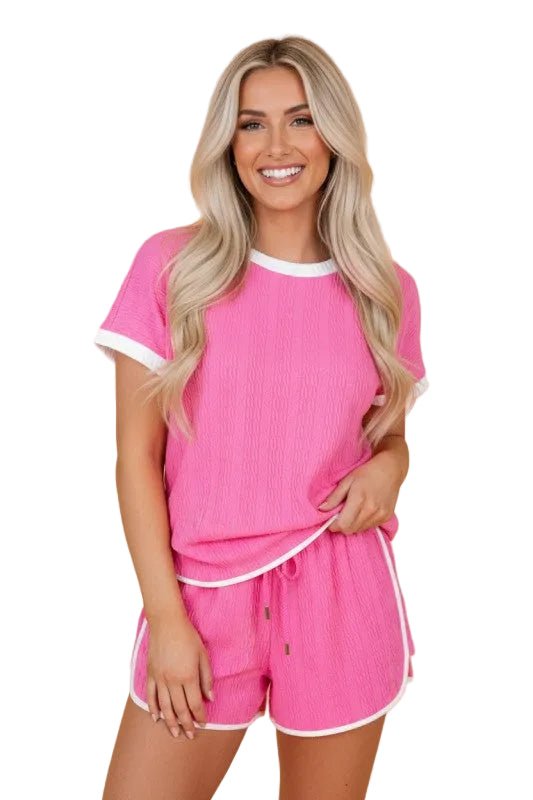 Colorblock Textured Tee & Drawstring Shorts Set - Robbi & Angel