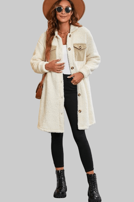 Contrast Flap Pocket Single Breasted Teddy Coat - Robbi & Angel