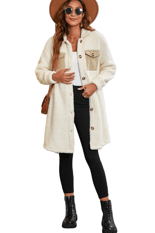 Contrast Flap Pocket Single Breasted Teddy Coat - Robbi & Angel