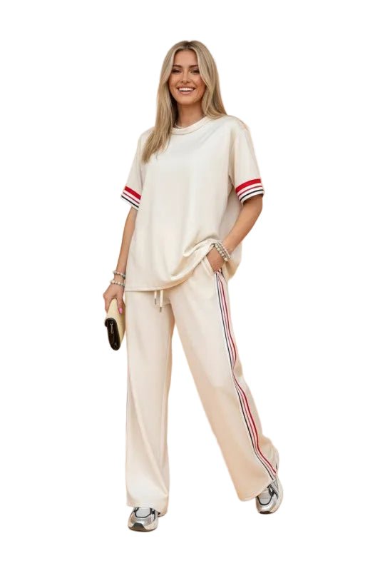 Contrast Stripe Crewneck Top & Straight Pants Set - Robbi & Angel
