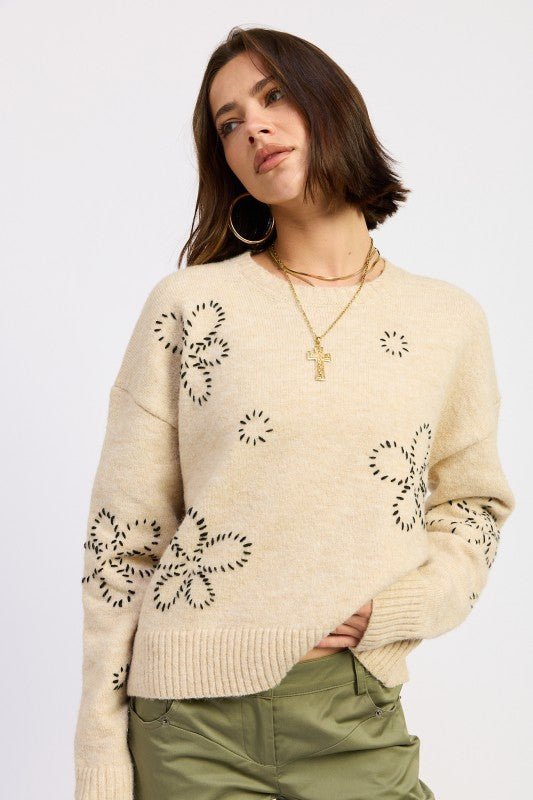 COZY AND SOFT FLORAL WHIPSTITCH LONG SLEEVE MID WAIST SWEATER - Robbi & Angel