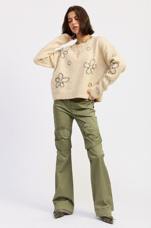 COZY AND SOFT FLORAL WHIPSTITCH LONG SLEEVE MID WAIST SWEATER - Robbi & Angel