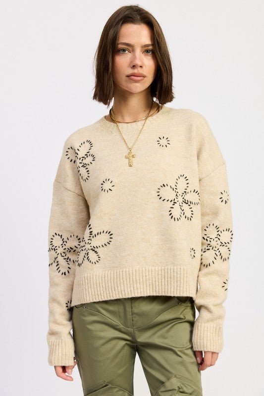 COZY AND SOFT FLORAL WHIPSTITCH LONG SLEEVE MID WAIST SWEATER - Robbi & Angel