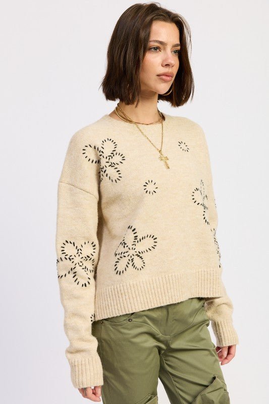 COZY AND SOFT FLORAL WHIPSTITCH LONG SLEEVE MID WAIST SWEATER - Robbi & Angel