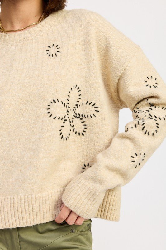 COZY AND SOFT FLORAL WHIPSTITCH LONG SLEEVE MID WAIST SWEATER - Robbi & Angel