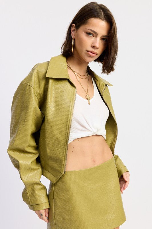 CROPPED FAUX LEATHER JACKET WITH COLLAR AND FRONT ZIPPER - Robbi & Angel
