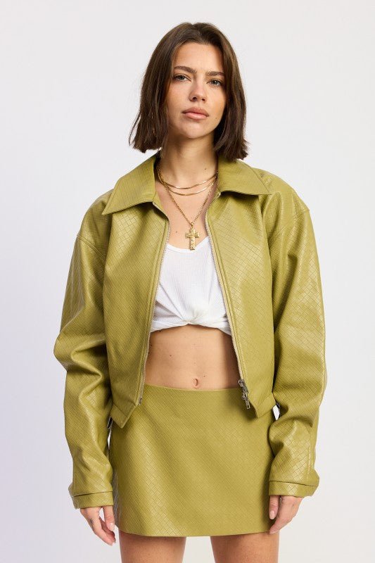 CROPPED FAUX LEATHER JACKET WITH COLLAR AND FRONT ZIPPER - Robbi & Angel