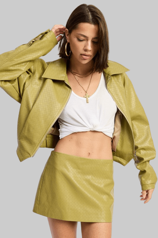 CROPPED FAUX LEATHER JACKET WITH COLLAR AND FRONT ZIPPER - Robbi & Angel