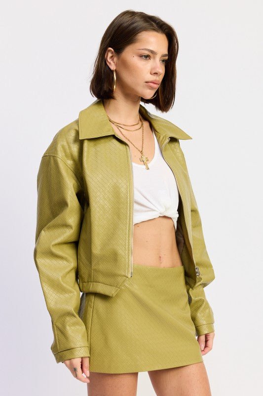CROPPED FAUX LEATHER JACKET WITH COLLAR AND FRONT ZIPPER - Robbi & Angel