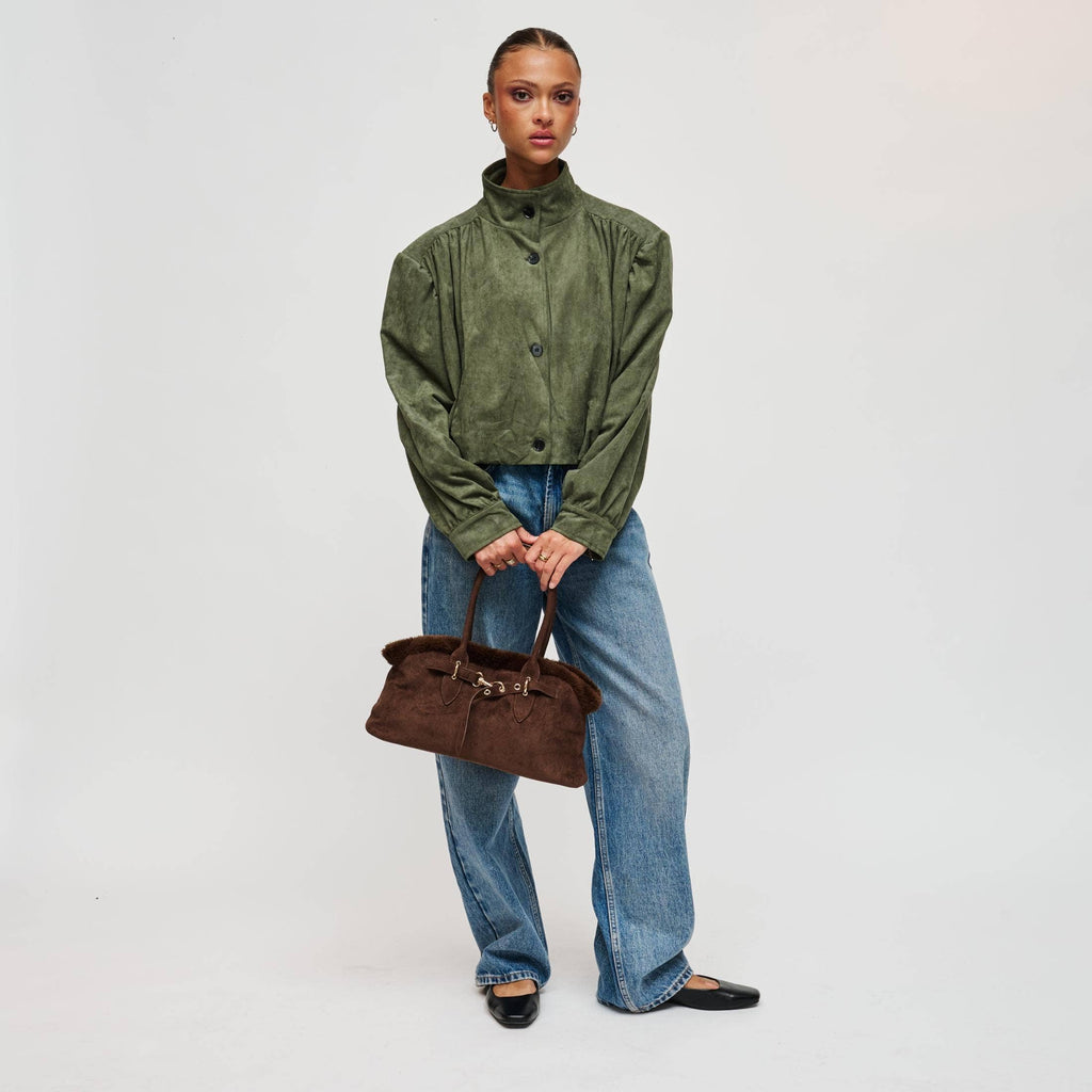 Tommi Faux Suede Plush Trim Satchel