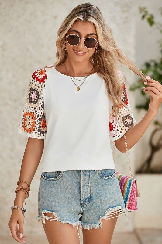 Black Floral Hollowed Crochet Sleeve Boho T Shirt - Robbi & Angel