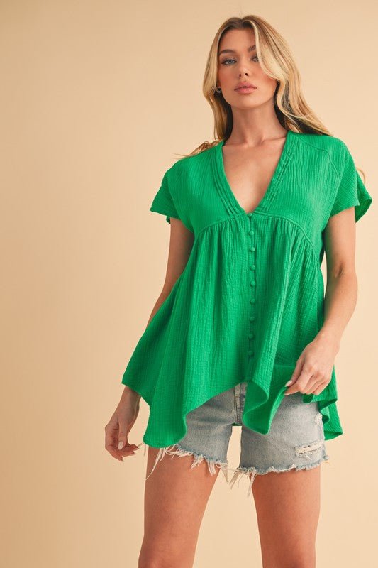 Aemi + Co Tuck Detail V - Neck Short Sleeve Blouse - Robbi & Angel