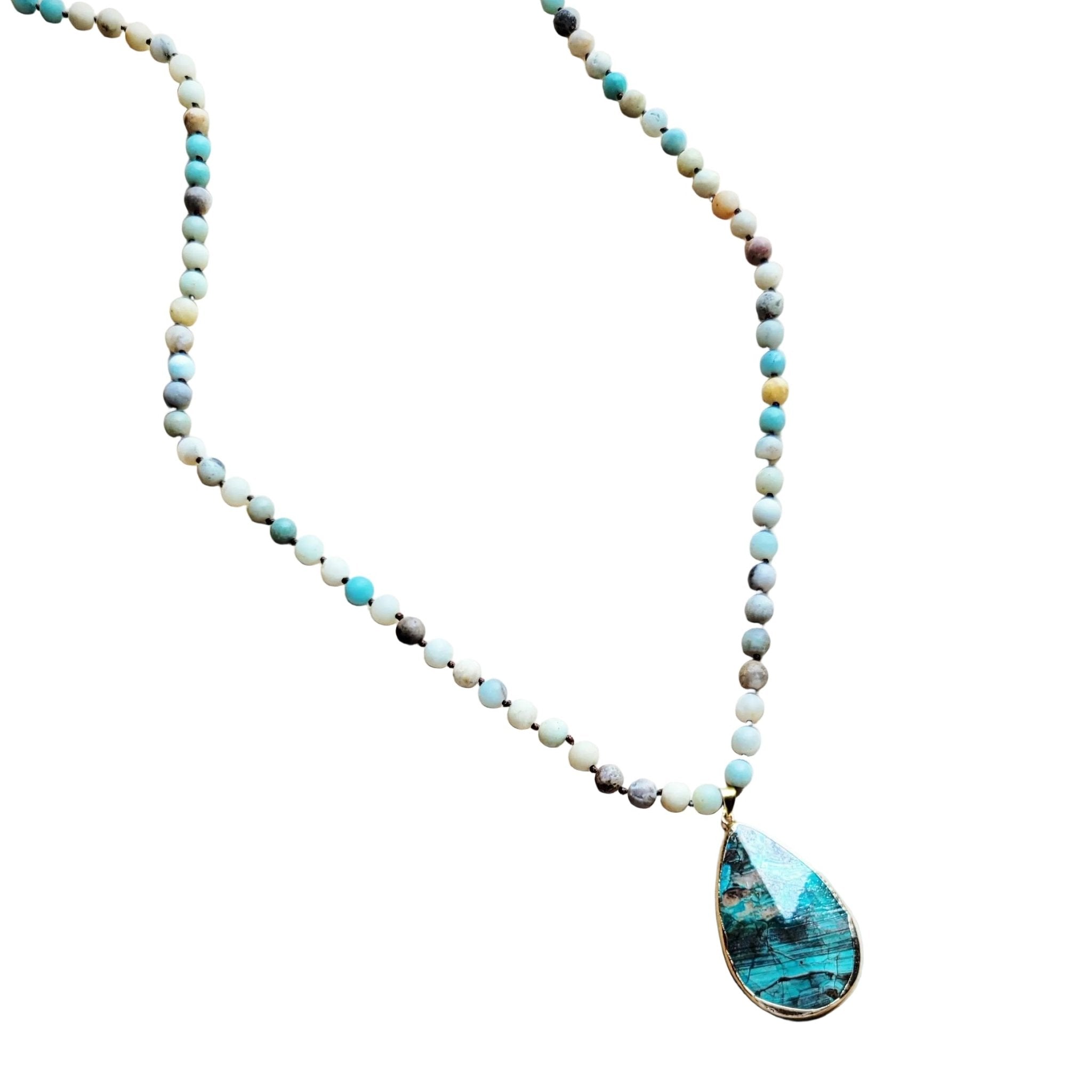 Dahlia Frosted Amazonite Long Beaded Necklace with Agate Pendant - Robbi & Angel