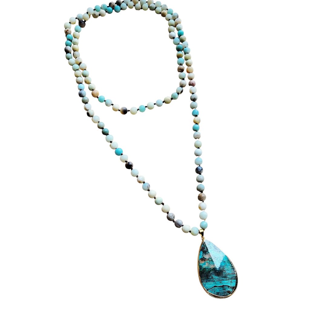 Dahlia Frosted Amazonite Long Beaded Necklace with Agate Pendant - Robbi & Angel