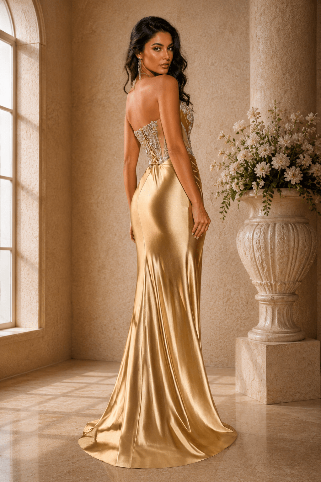 Dakota Strapless Fitted Stretch Satin Corset Bodice Evening Gown - Robbi & Angel