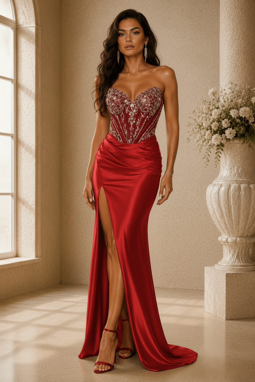 Dakota Strapless Fitted Stretch Satin Corset Bodice Evening Gown - Robbi & Angel