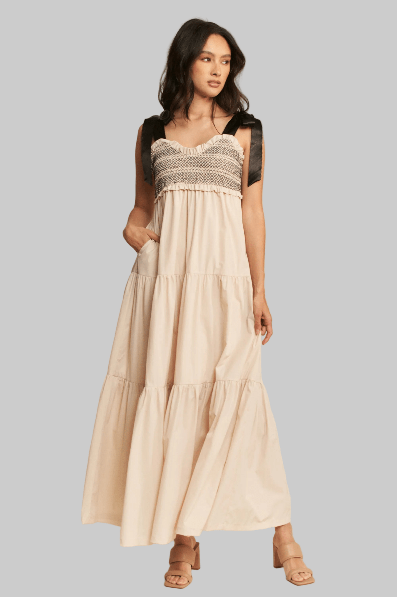 Davi & Dani Multi Contrast Smocked Bodice Straps Maxi Dress - Robbi & Angel