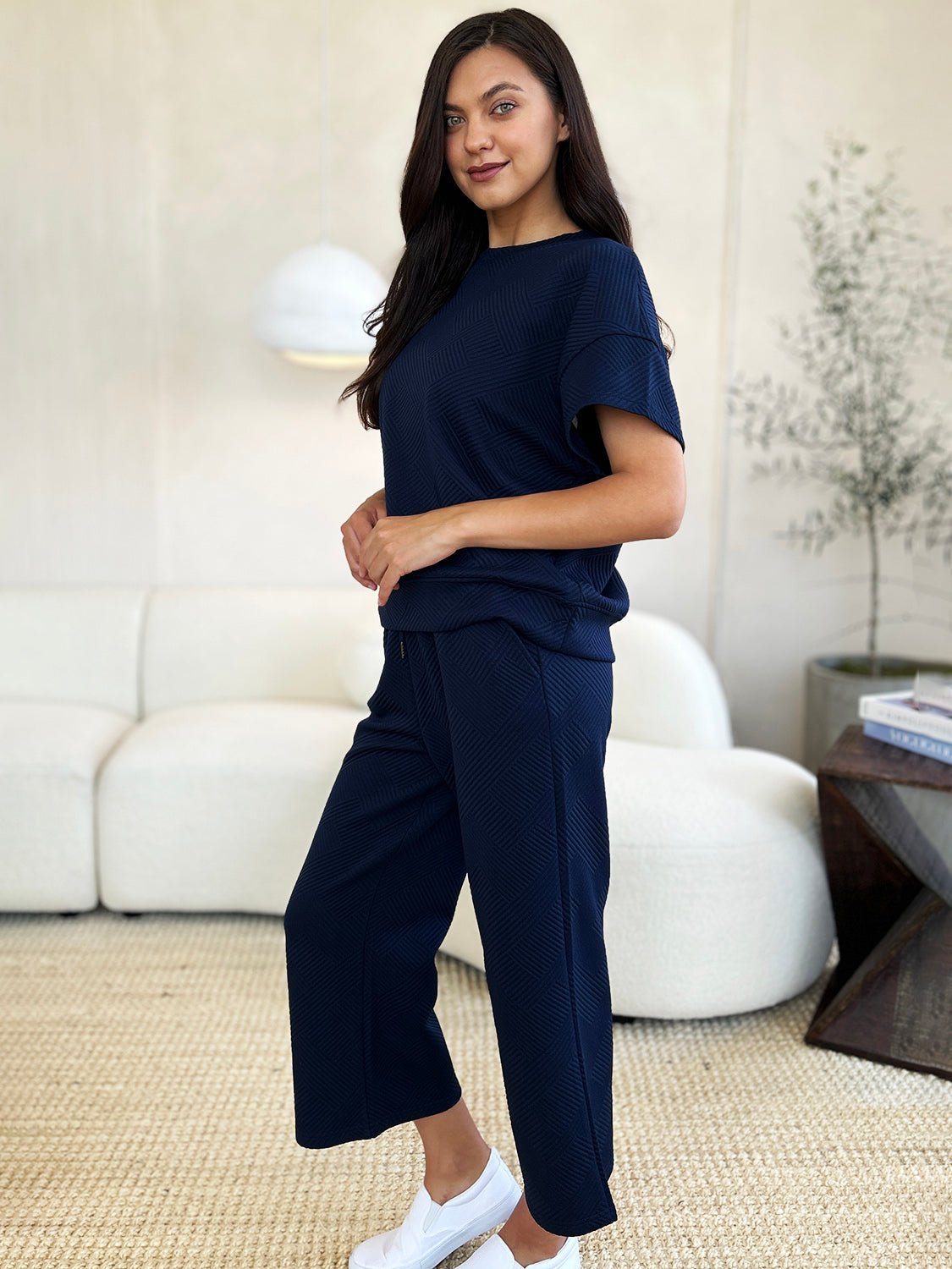 Double Take Full Size Texture Short Sleeve Top and Pants Set - Robbi & Angel