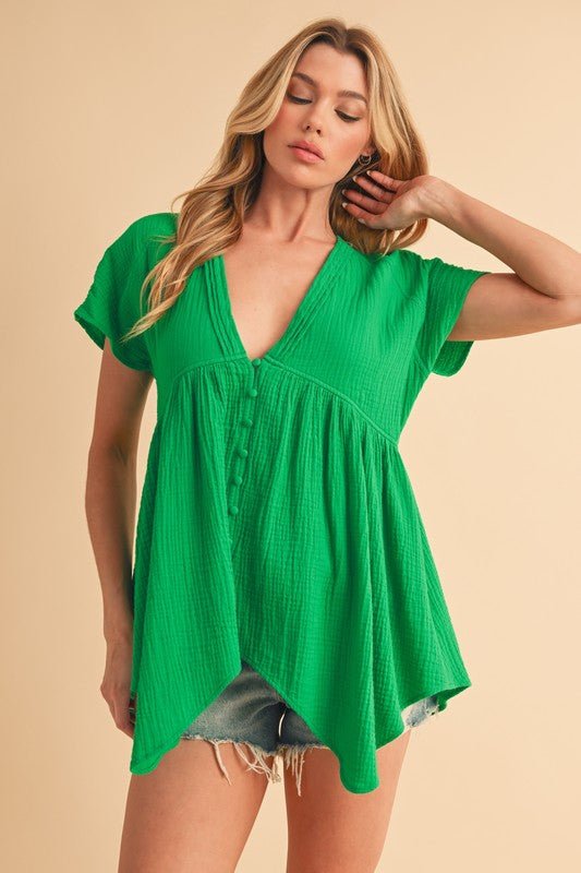 Aemi + Co Tuck Detail V - Neck Short Sleeve Blouse - Robbi & Angel