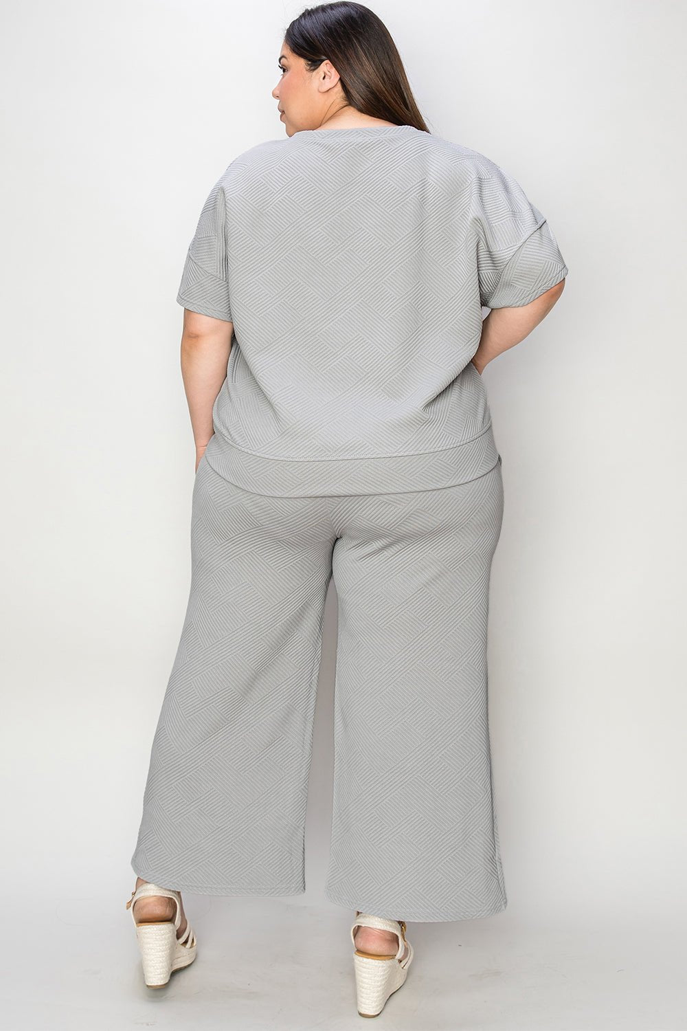 Double Take Full Size Texture Short Sleeve Top and Pants Set - Robbi & Angel