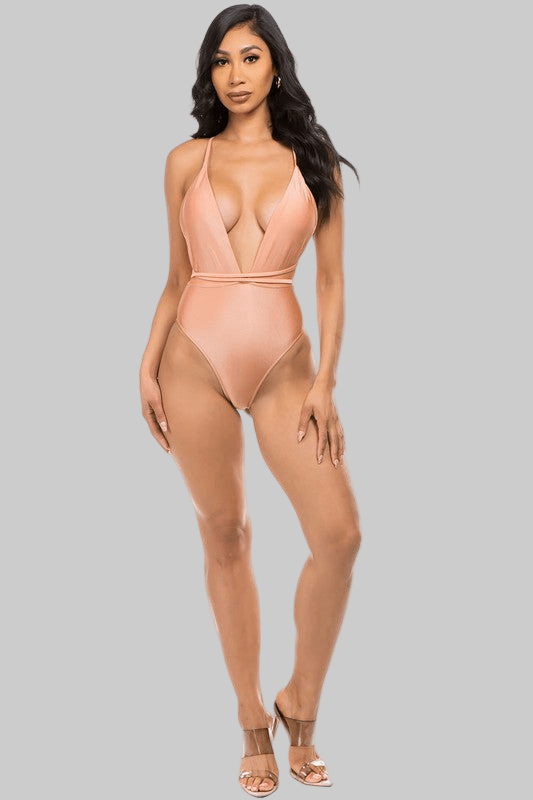 DEEP PLUNGING ONE - PIECE BATHING SUIT WITH WRAP TIE BELT - Robbi & Angel