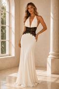 Deidra Patchwork Lace Halter Deep V Neck Backless Maxi - Robbi & Angel