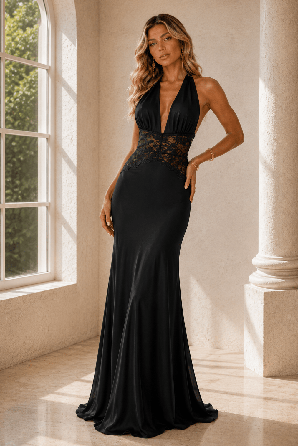 Deidra Patchwork Lace Halter Deep V Neck Backless Maxi - Robbi & Angel