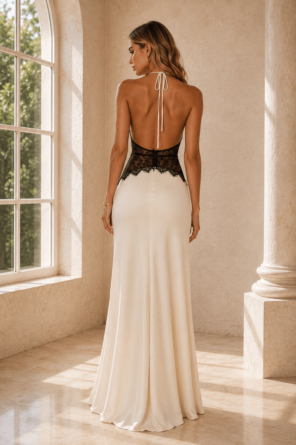 Deidra Patchwork Lace Halter Deep V Neck Backless Maxi - Robbi & Angel