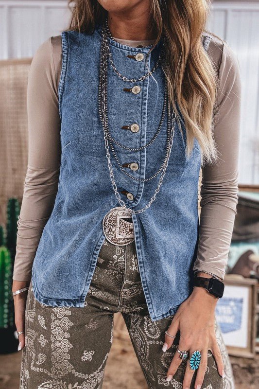 Denim Button Front Slit Sleeveless Vest Top - Robbi & Angel