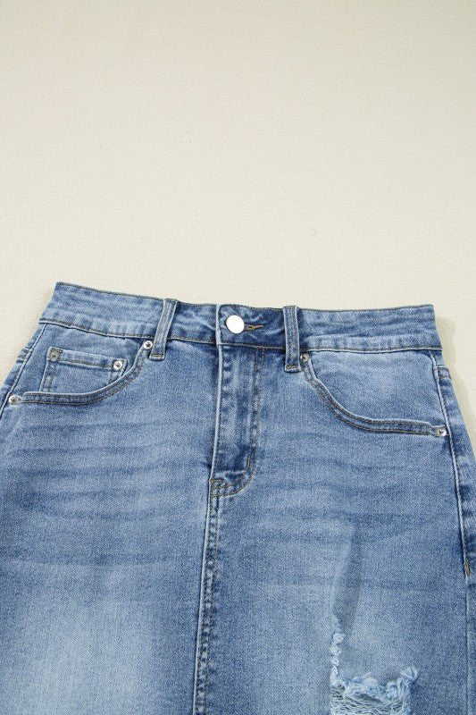 Denim Distressed Midi Skirt - Robbi & Angel
