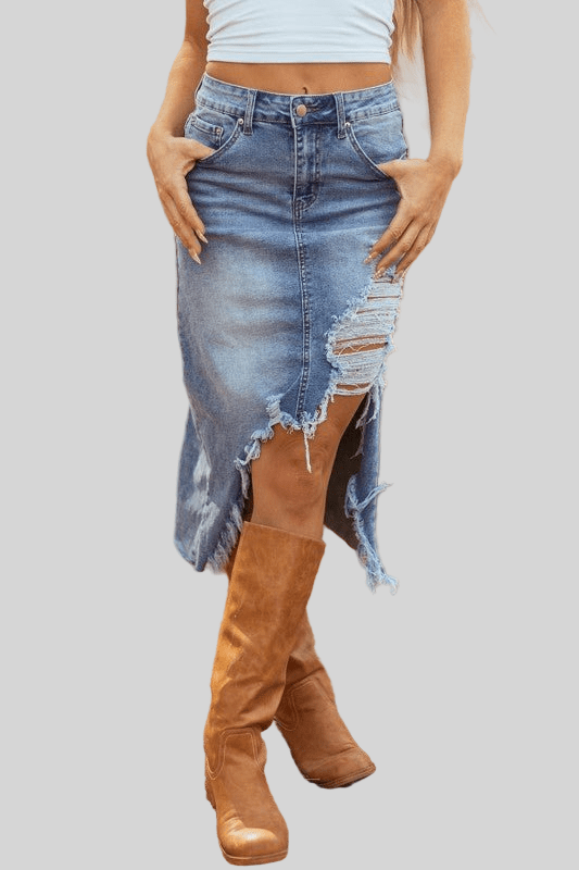 Denim Distressed Midi Skirt - Robbi & Angel